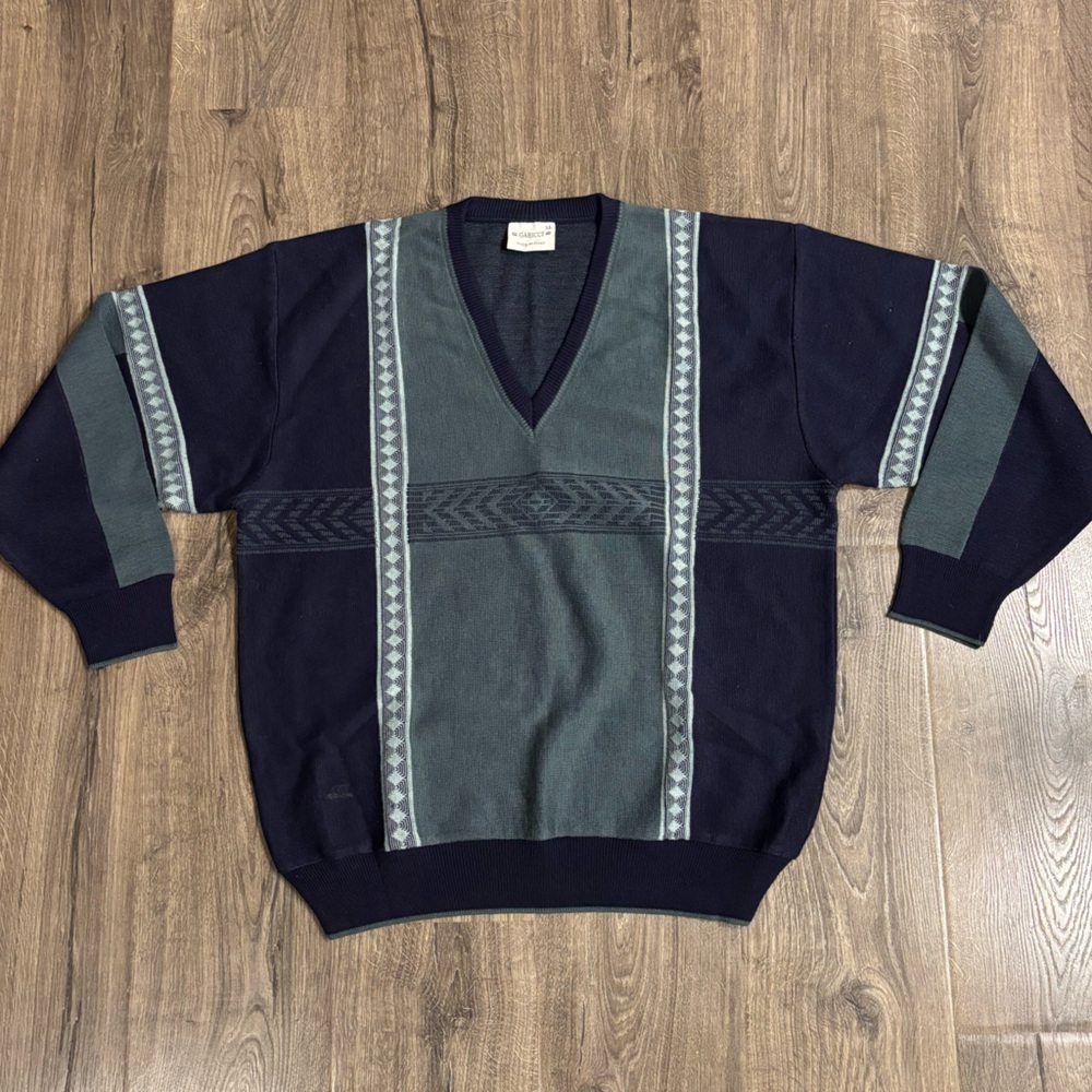 Vintage Gabicci Navy Men’s Jumper | Sage Green & Navy V-neck Sweater | size XL